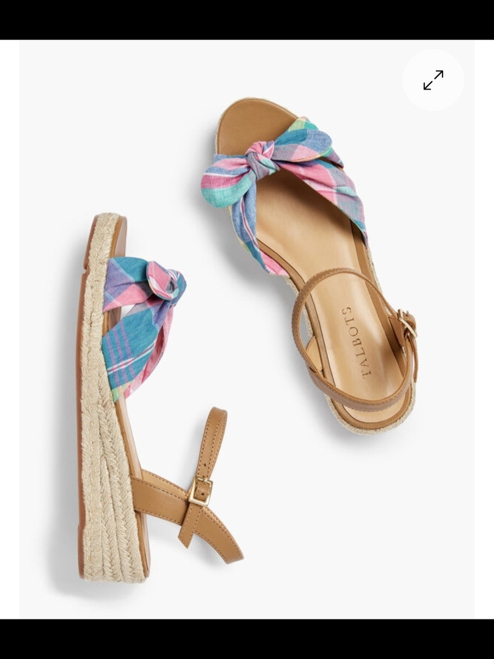 Talbots Tan Espadrille Sandals with Pink & Blue Plaid Knot Size 6.5